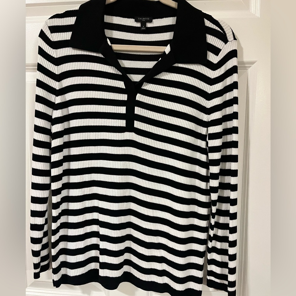 Talbots Johnny collar Black and White Striped Sweater